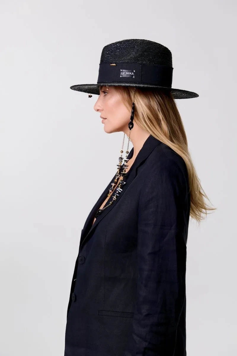 BLACK FEDORA WITH SHELLS AND 24K GOLD-PLATED ACCESSORIES