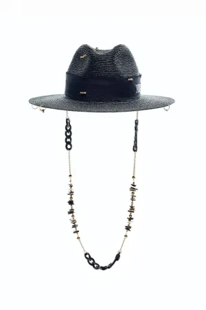 BLACK FEDORA WITH SHELLS AND 24K GOLD-PLATED ACCESSORIES