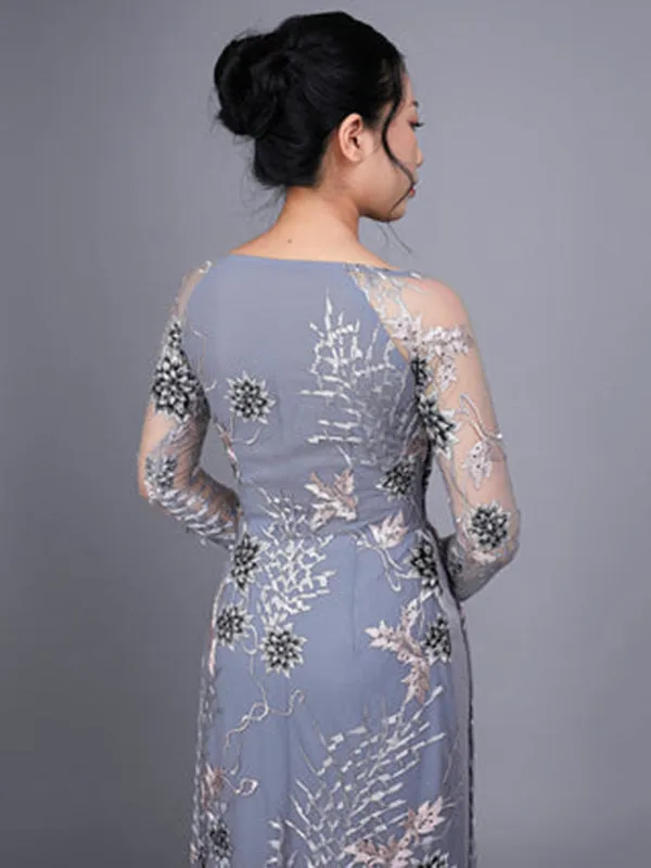 Custom Ao Dai Floral Motif Lace Over Gray Chiffon Fabric