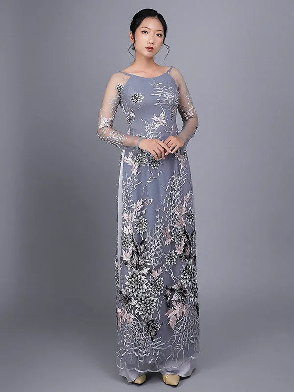 Custom Ao Dai Floral Motif Lace Over Gray Chiffon Fabric