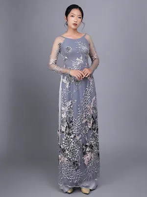 Custom Ao Dai Floral Motif Lace Over Gray Chiffon Fabric