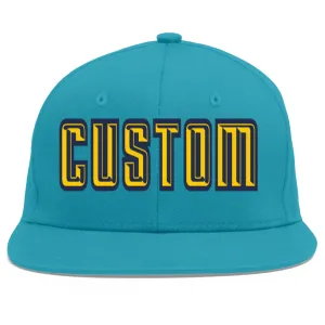 Custom Aqua Gold-Navy Flat Eaves Sport Baseball Cap