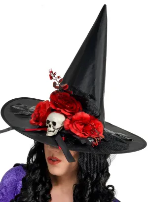 Deluxe Black Witch Costume Hat with Red Roses and Skull