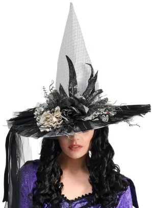 Deluxe White Witch Hat with Skull Mesh and Glitter