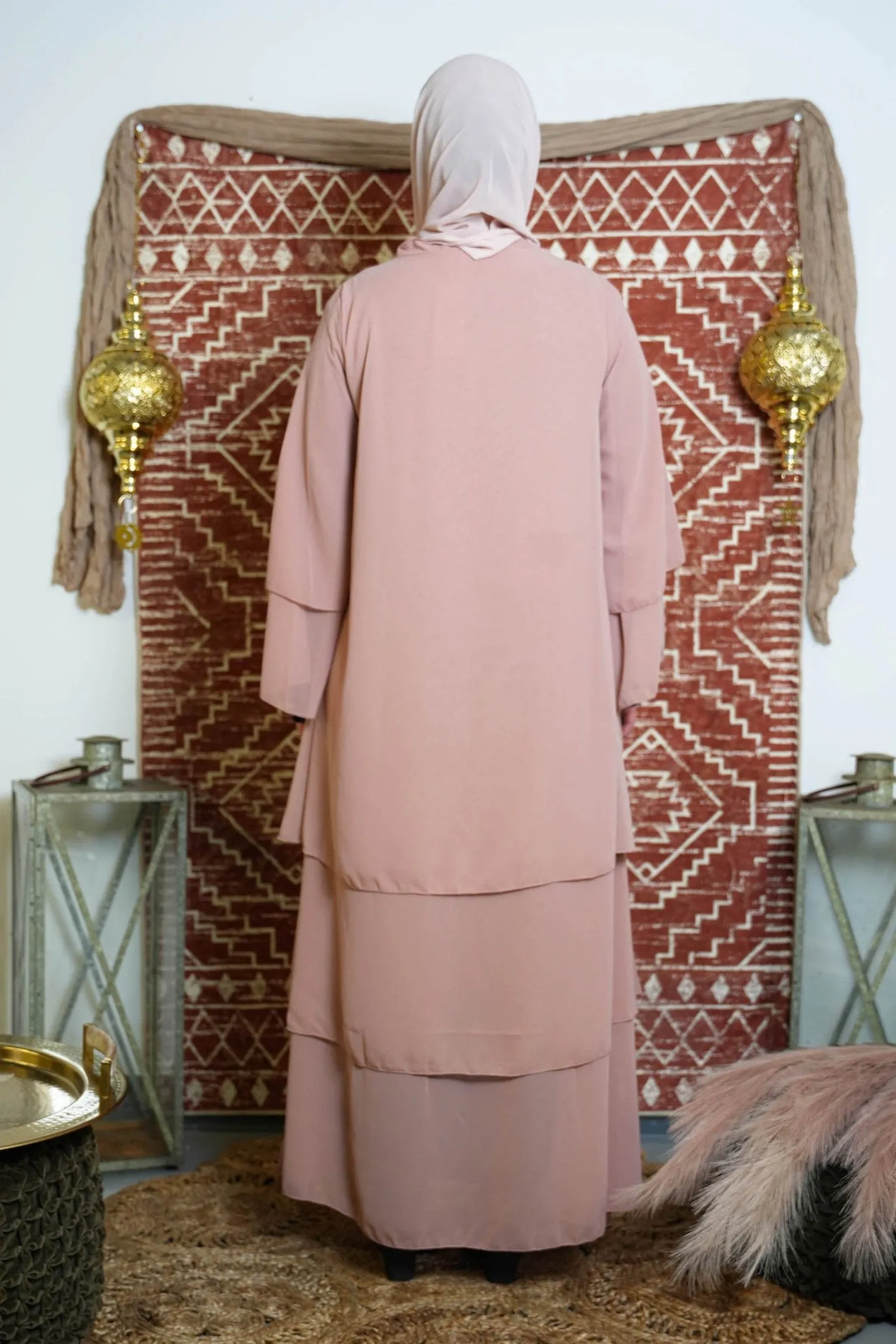 Dusty Pink Cascading Ruffles Open Front Abaya