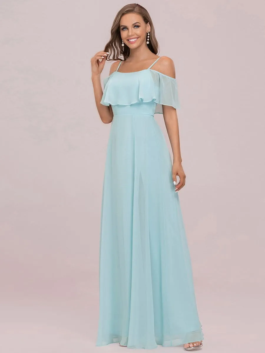 Flattering Chiffon Spaghetti Straps Lotus Leaf Sleeveless Bridesmaid Dress