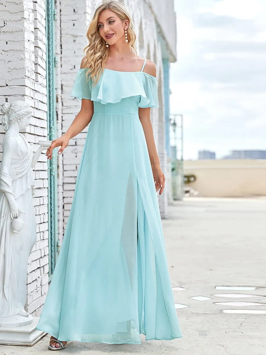 Flattering Chiffon Spaghetti Straps Lotus Leaf Sleeveless Bridesmaid Dress