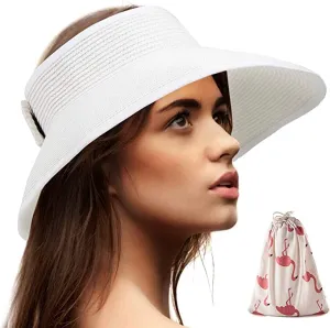 Foldable Sun Visors for Women - Beach Hat Wide Brim Sun Hat Roll Up Straw Hat