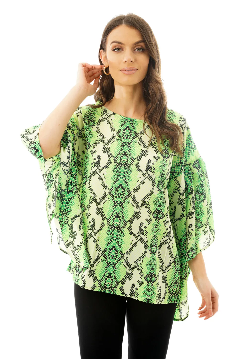 Green Snake Skin Printed Chiffon Floaty Sleeve Top