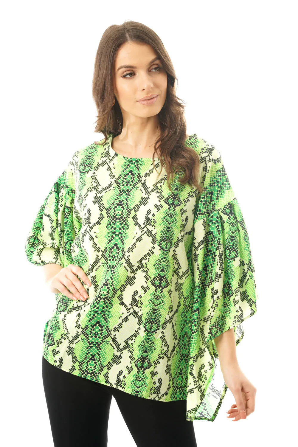 Green Snake Skin Printed Chiffon Floaty Sleeve Top