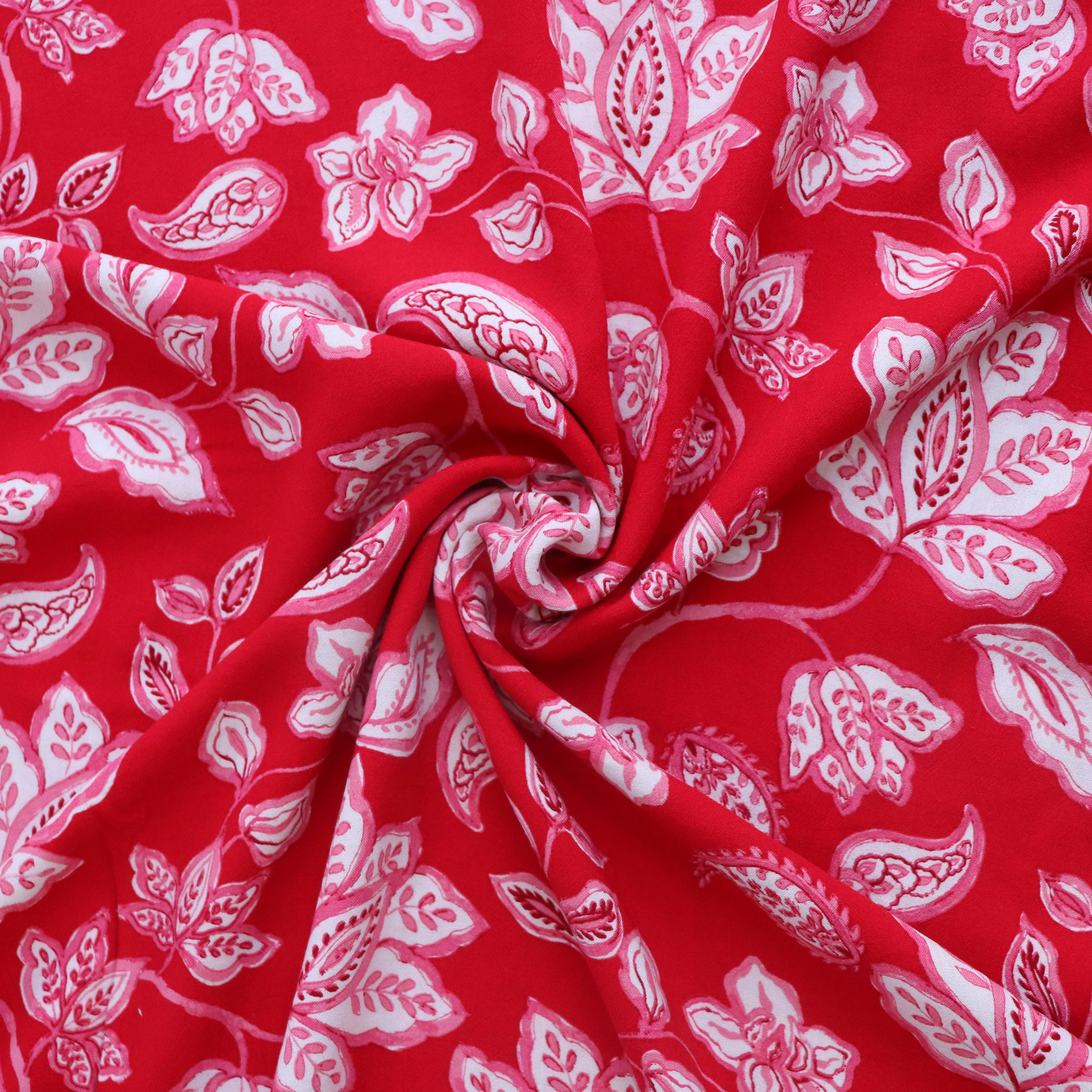 Linen Viscose - Block Print Artisan Floral - Red - END OF BOLT 28cm