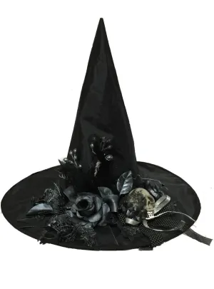 Luxurious Black Witch Hat with Rose and Skull Embellishments