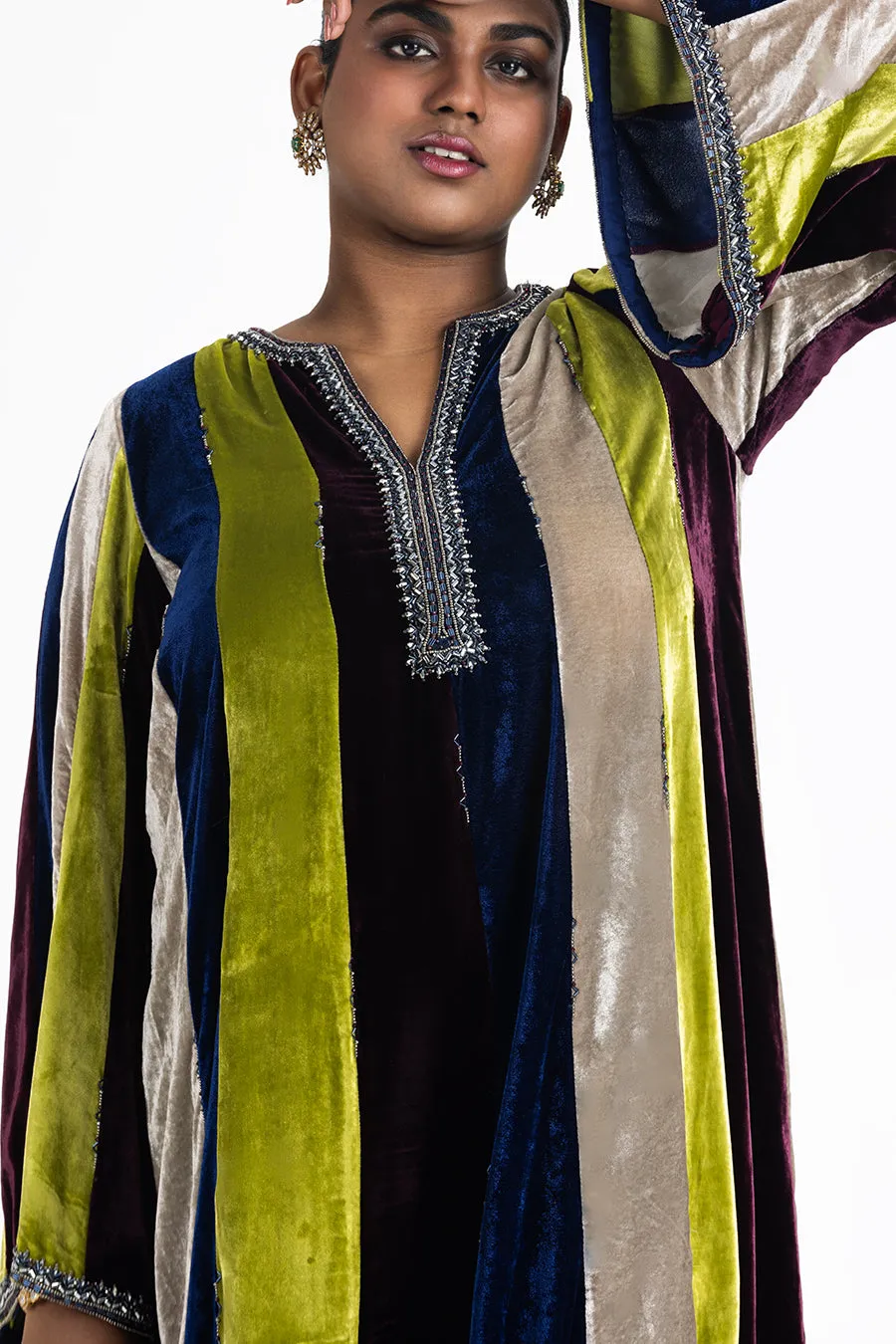 MULTI COLOUR VELVET PANNELED TUNIC WITH GUNMETAL EMBROIDER AND DHOTI SALWAR