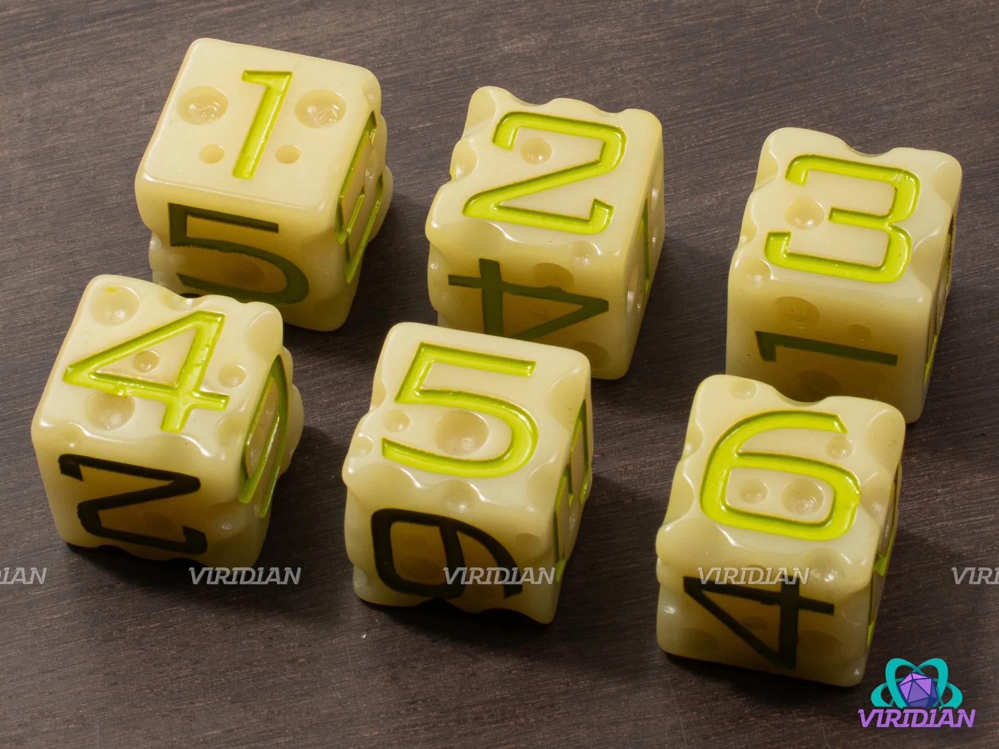 Oops! Moldy Cheese D6s (Set of 6) | Spoiled Dice, Rotten Olive Green, White-Light Yellow w Swiss "Holes", Spoiled, Lactose-Free | Resin D6 Set