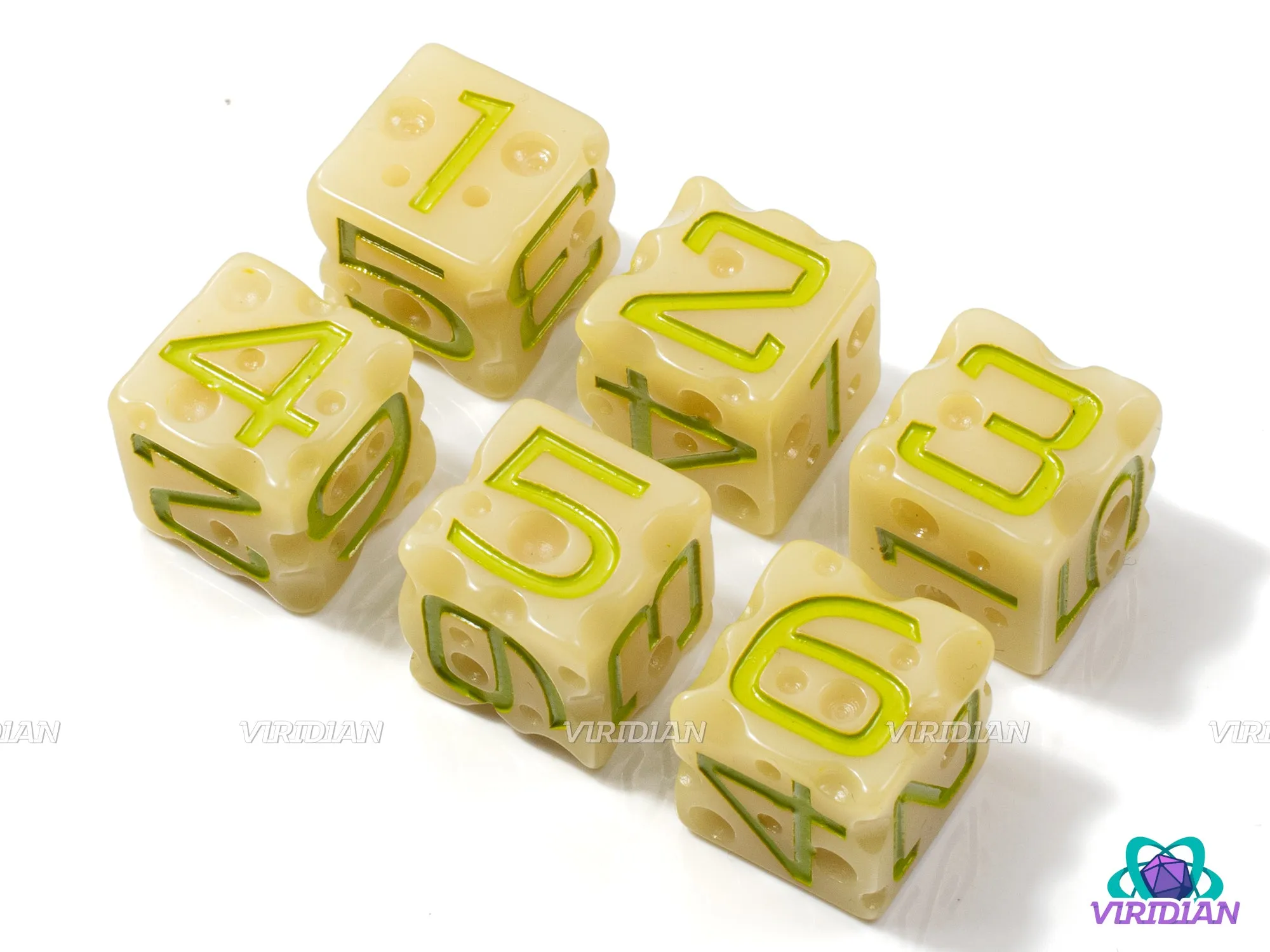 Oops! Moldy Cheese D6s (Set of 6) | Spoiled Dice, Rotten Olive Green, White-Light Yellow w Swiss "Holes", Spoiled, Lactose-Free | Resin D6 Set