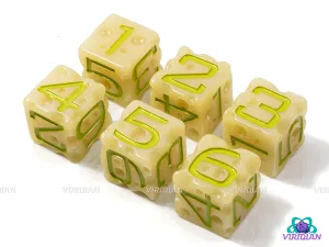 Oops! Moldy Cheese D6s (Set of 6) | Spoiled Dice, Rotten Olive Green, White-Light Yellow w Swiss "Holes", Spoiled, Lactose-Free | Resin D6 Set