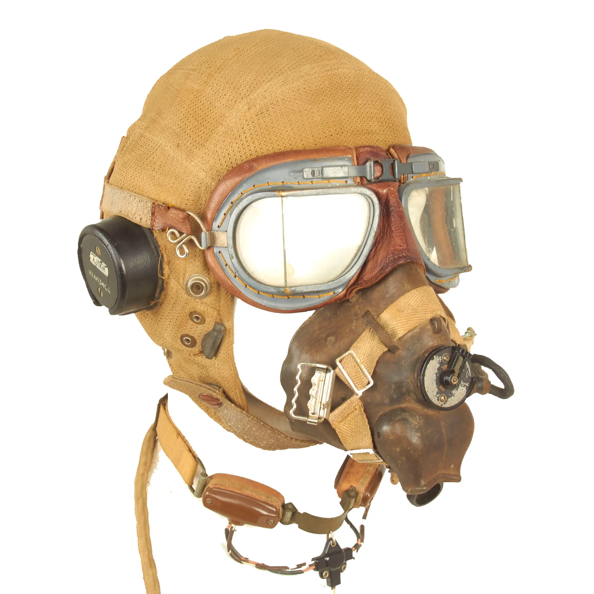 Original British WWII RAF Type E Flying Helmet with Mk VIII Goggles and M.T.L.L. No2 Throat Microphone