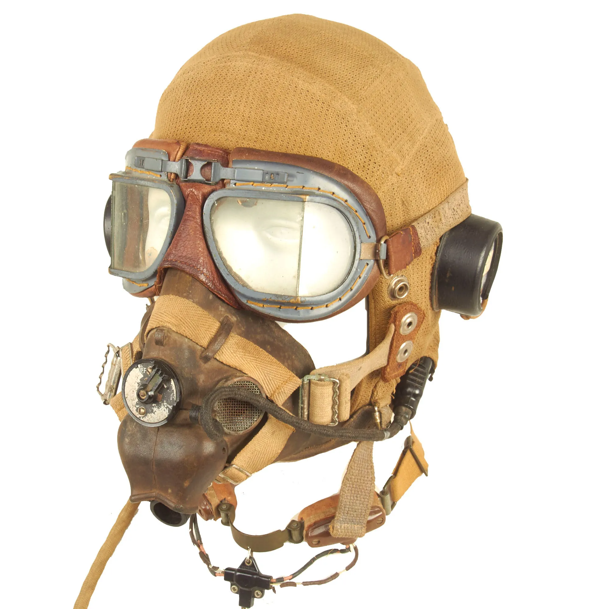 Original British WWII RAF Type E Flying Helmet with Mk VIII Goggles and M.T.L.L. No2 Throat Microphone