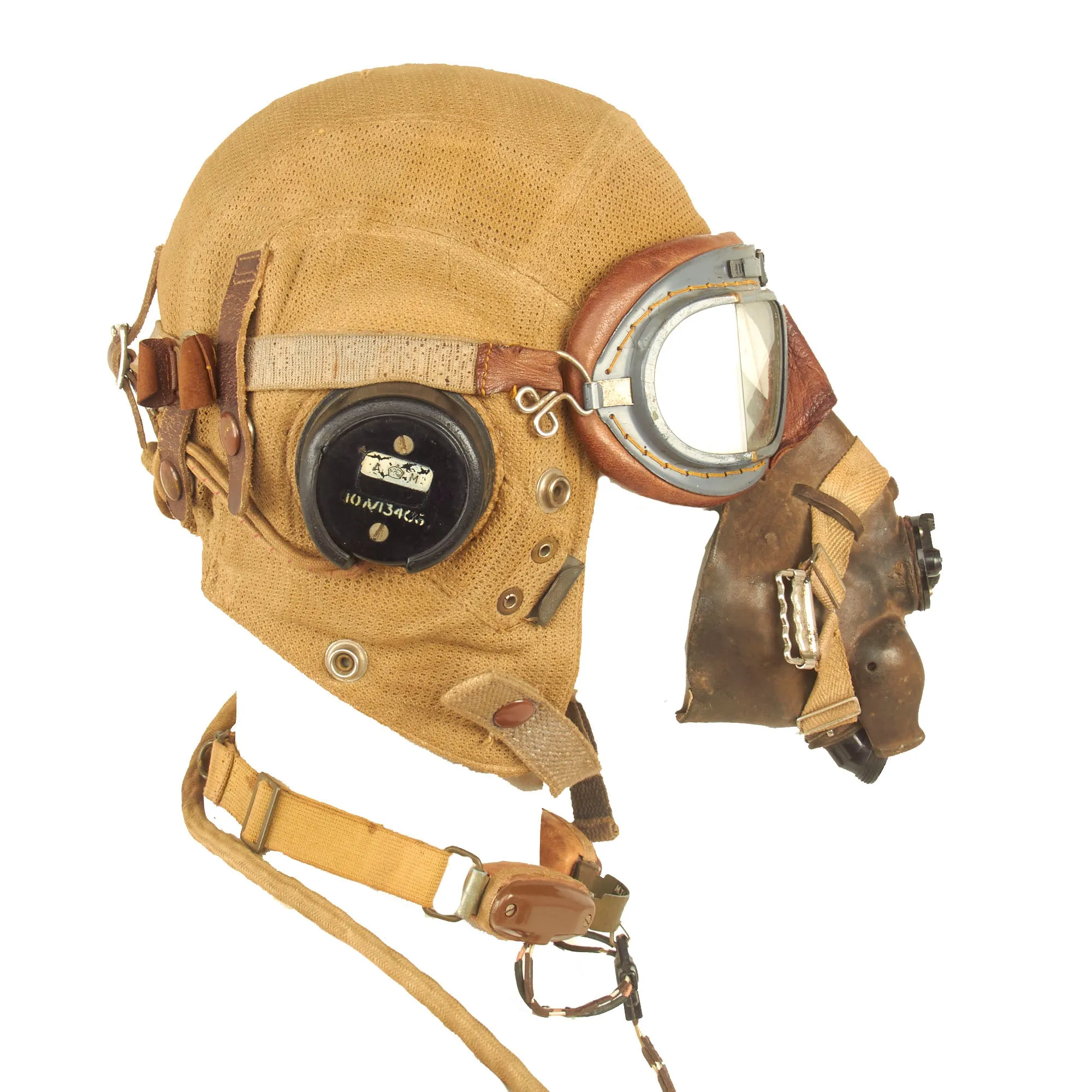 Original British WWII RAF Type E Flying Helmet with Mk VIII Goggles and M.T.L.L. No2 Throat Microphone