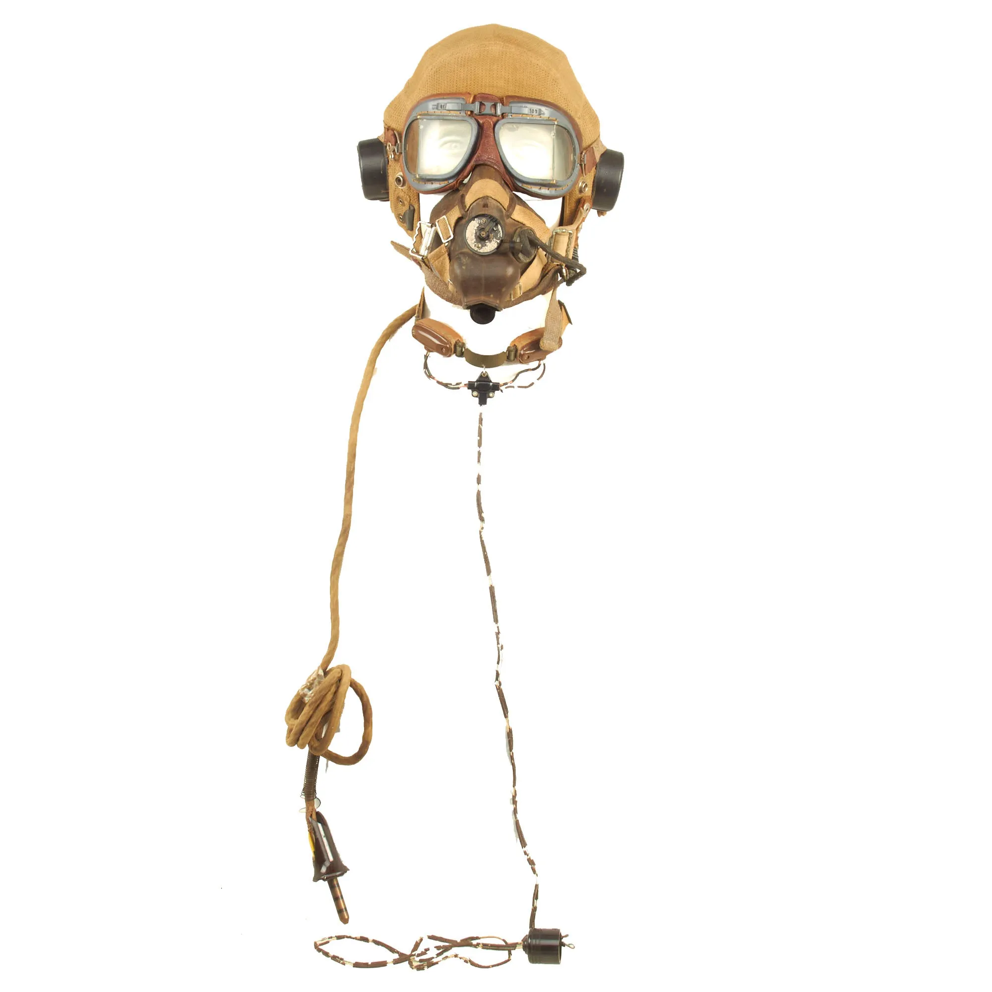 Original British WWII RAF Type E Flying Helmet with Mk VIII Goggles and M.T.L.L. No2 Throat Microphone