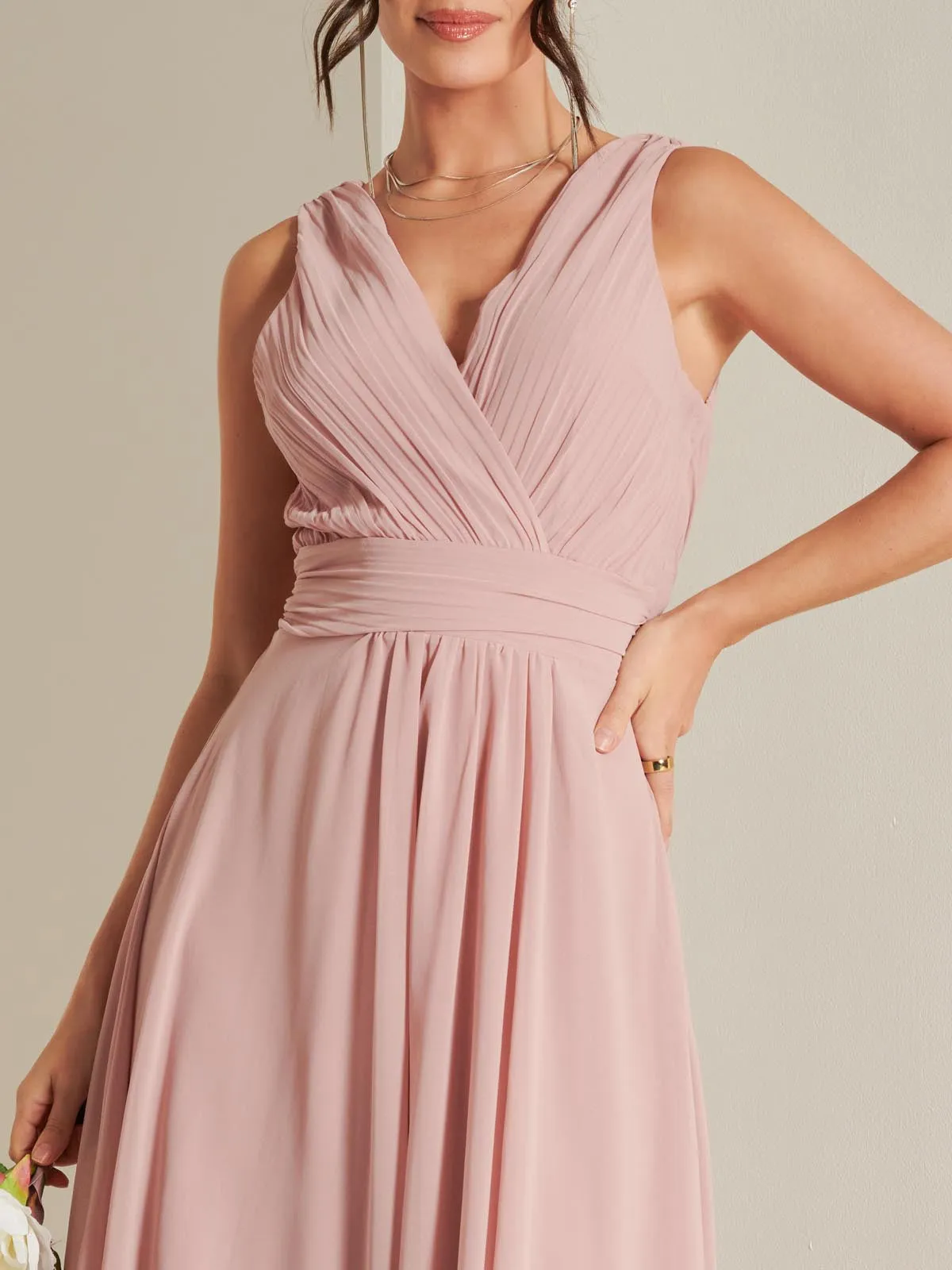 Pleated Bodice Chiffon Maxi Dress, Mauve Pink