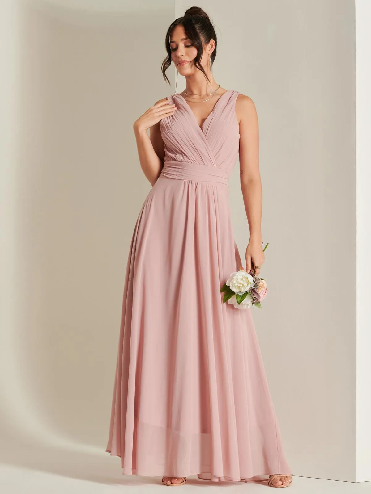 Pleated Bodice Chiffon Maxi Dress, Mauve Pink