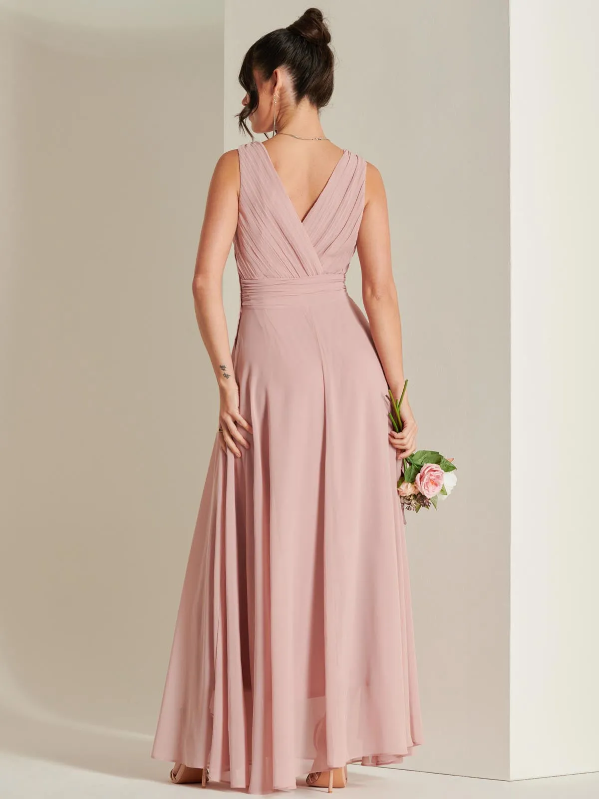 Pleated Bodice Chiffon Maxi Dress, Mauve Pink