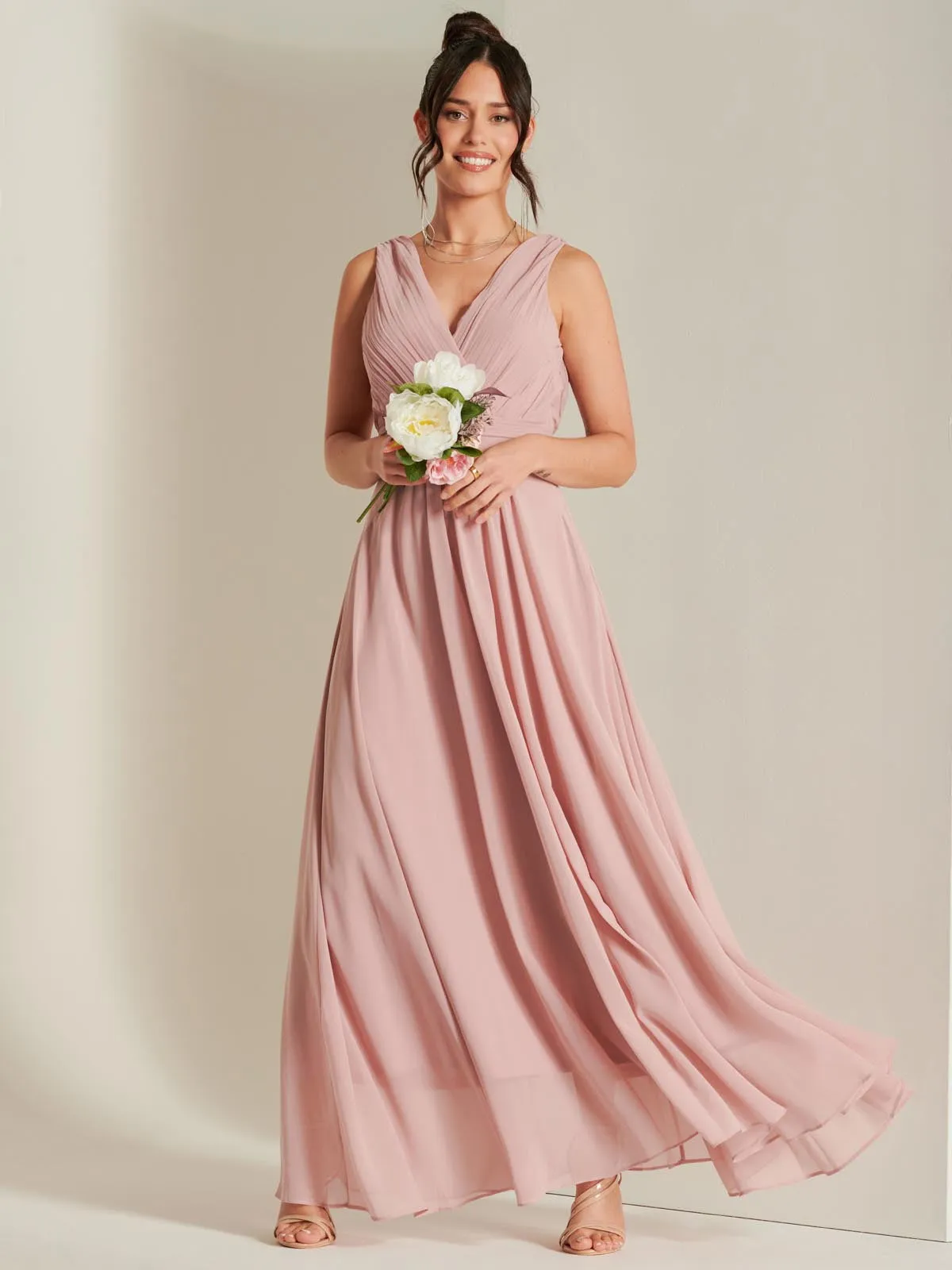 Pleated Bodice Chiffon Maxi Dress, Mauve Pink