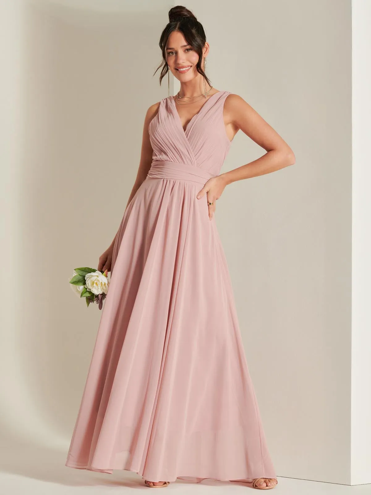 Pleated Bodice Chiffon Maxi Dress, Mauve Pink