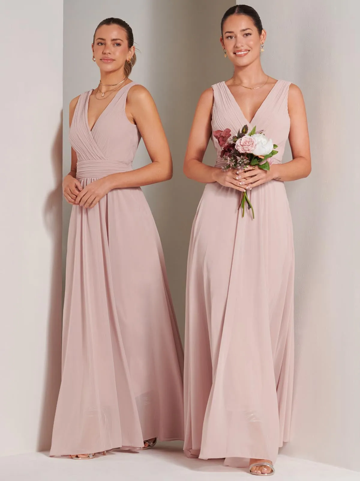 Pleated Bodice Chiffon Maxi Dress, Mauve Pink