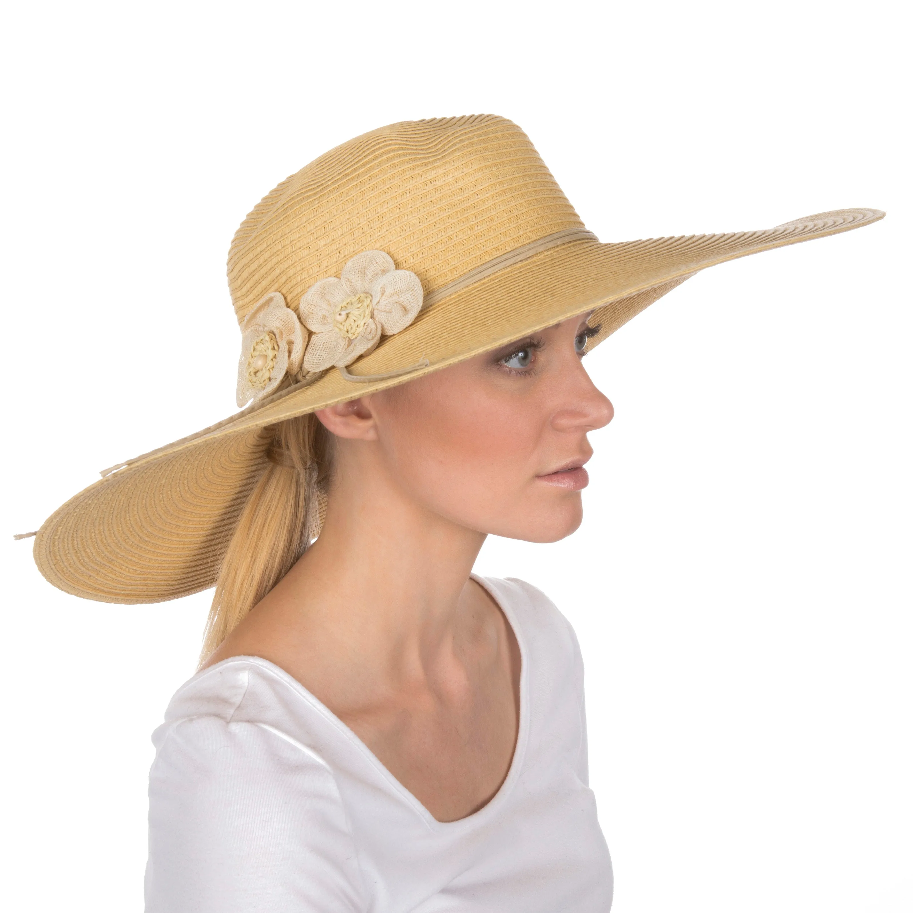 Sakkas Bella UPF 50  100% Paper Straw Flower Accent Wide Brim Floppy Hat