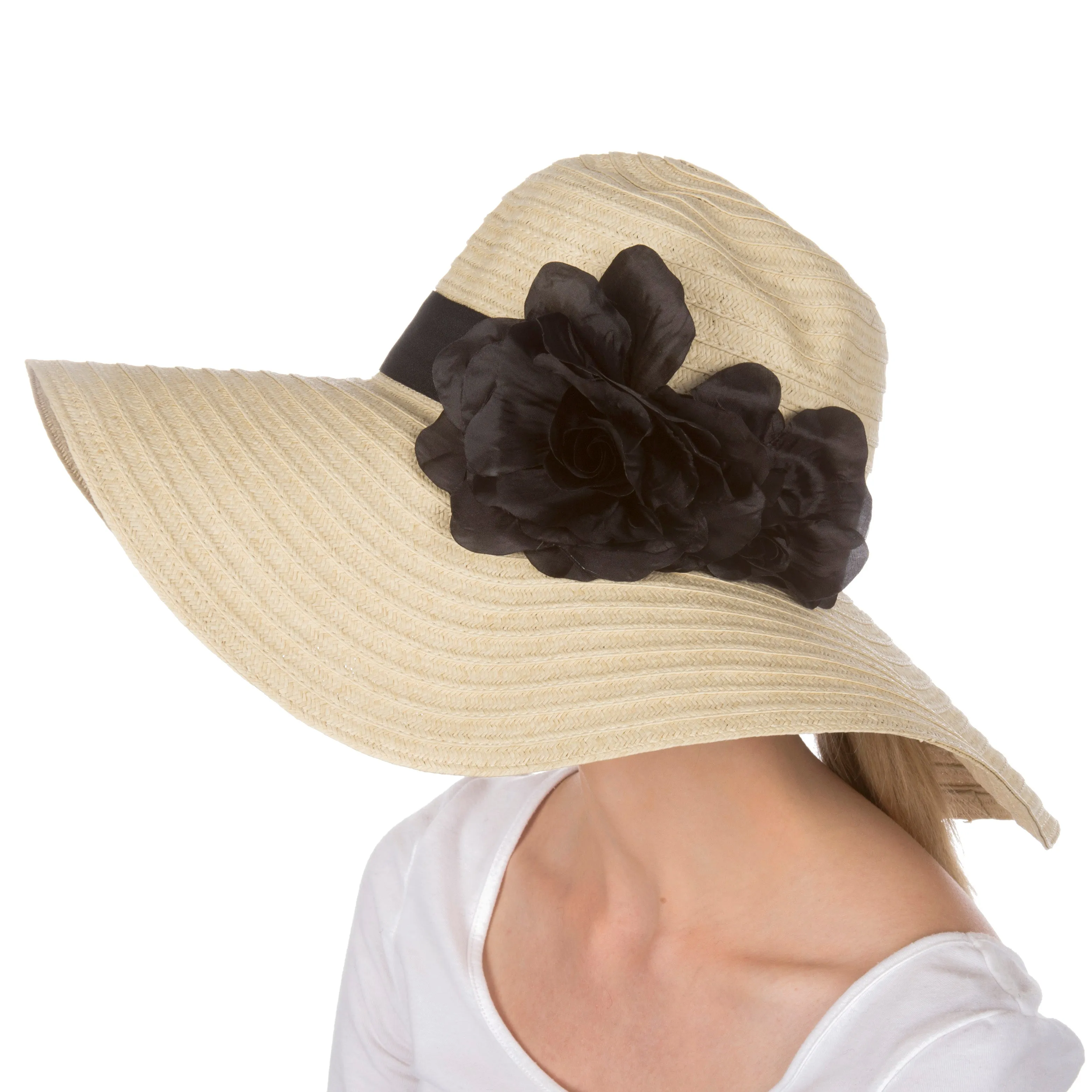 Sakkas Daisy UPF 50  100% Paper Straw Flower Accent Wide Brim Floppy Hat