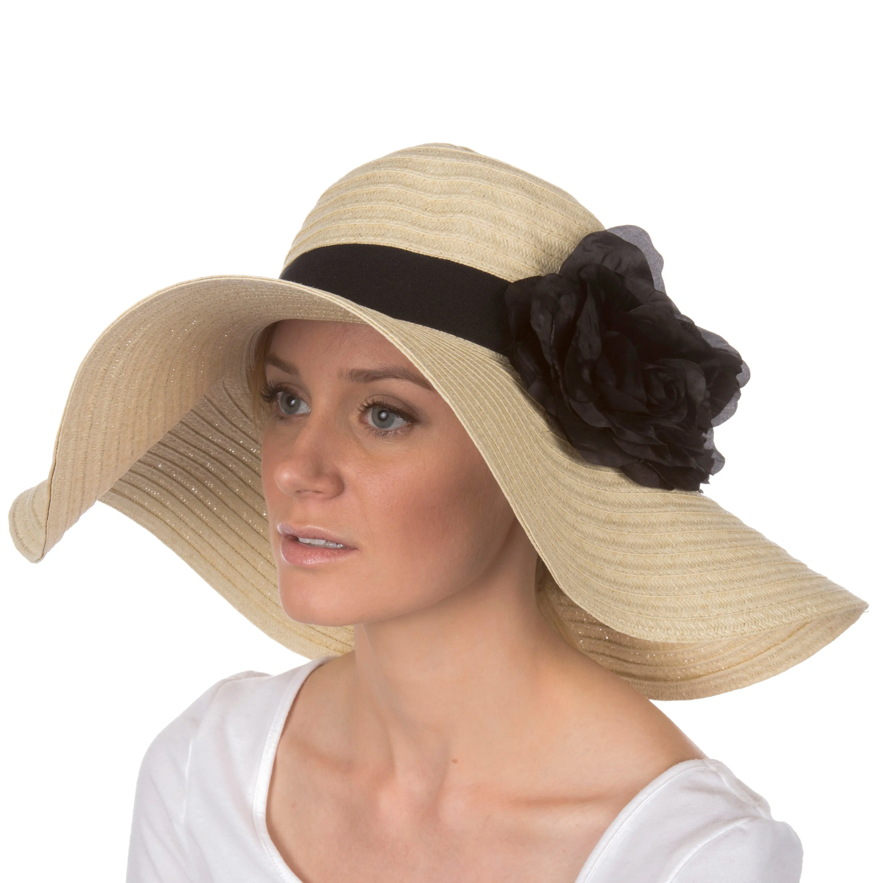 Sakkas Daisy UPF 50  100% Paper Straw Flower Accent Wide Brim Floppy Hat