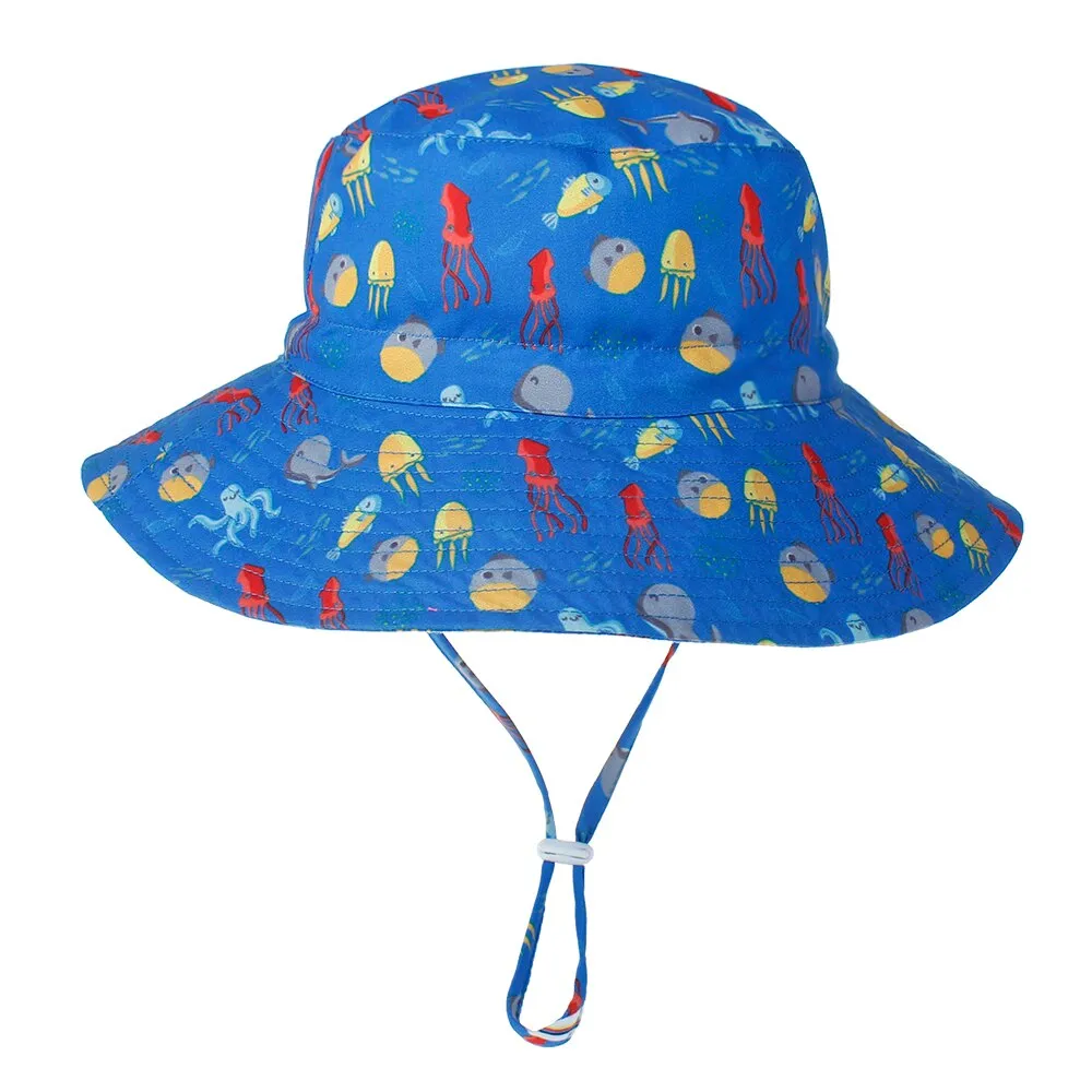 Summer Outdoor UV Protection Bucket Hat for Baby Kids Wide Brim  Beach Sun Hat Adjustable Chin Strap Cap for 0-8 Years Girl Boy