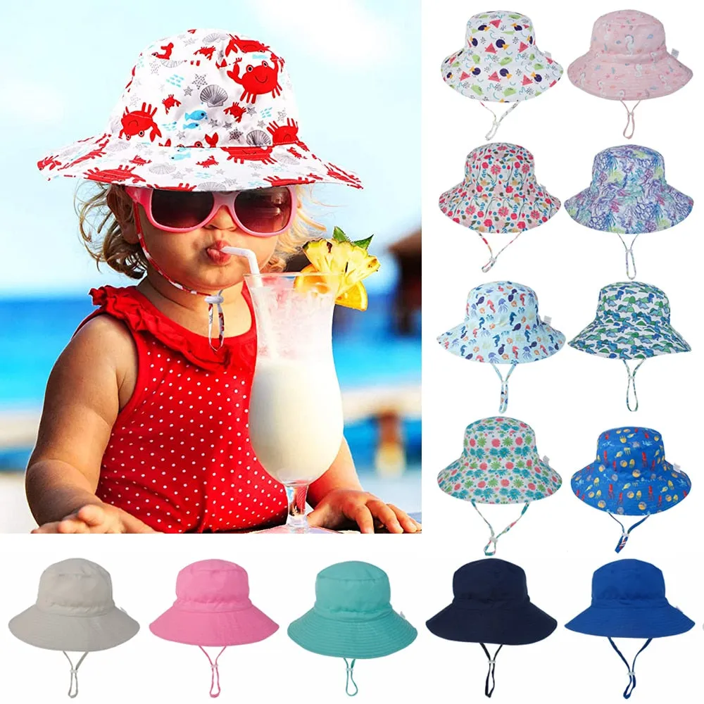 Summer Outdoor UV Protection Bucket Hat for Baby Kids Wide Brim  Beach Sun Hat Adjustable Chin Strap Cap for 0-8 Years Girl Boy