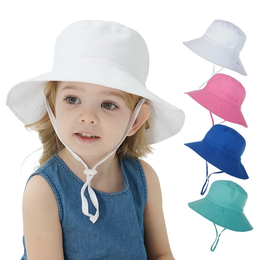 Summer Outdoor UV Protection Bucket Hat for Baby Kids Wide Brim  Beach Sun Hat Adjustable Chin Strap Cap for 0-8 Years Girl Boy