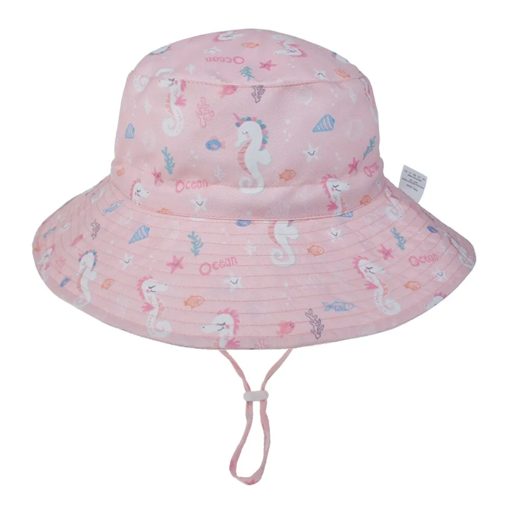 Summer Outdoor UV Protection Bucket Hat for Baby Kids Wide Brim  Beach Sun Hat Adjustable Chin Strap Cap for 0-8 Years Girl Boy