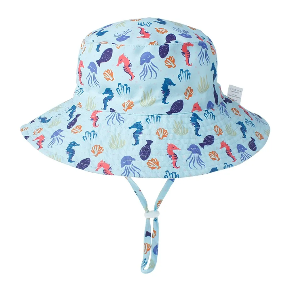 Summer Outdoor UV Protection Bucket Hat for Baby Kids Wide Brim  Beach Sun Hat Adjustable Chin Strap Cap for 0-8 Years Girl Boy