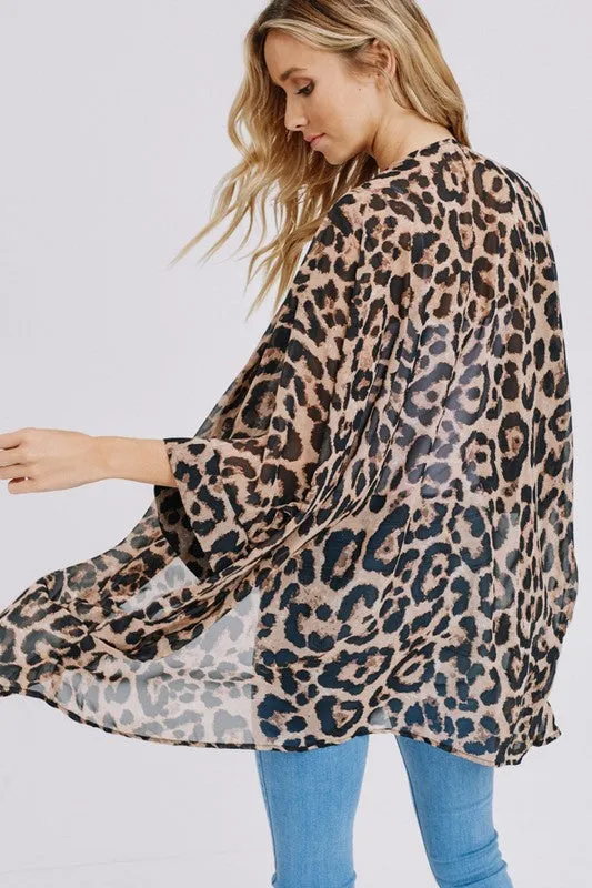 Three-quarter sleeve animal print chiffon kimono cardigan