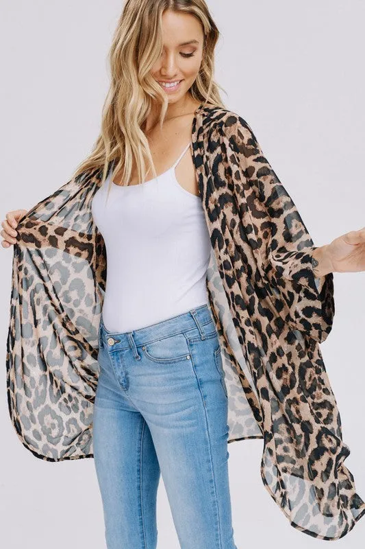 Three-quarter sleeve animal print chiffon kimono cardigan