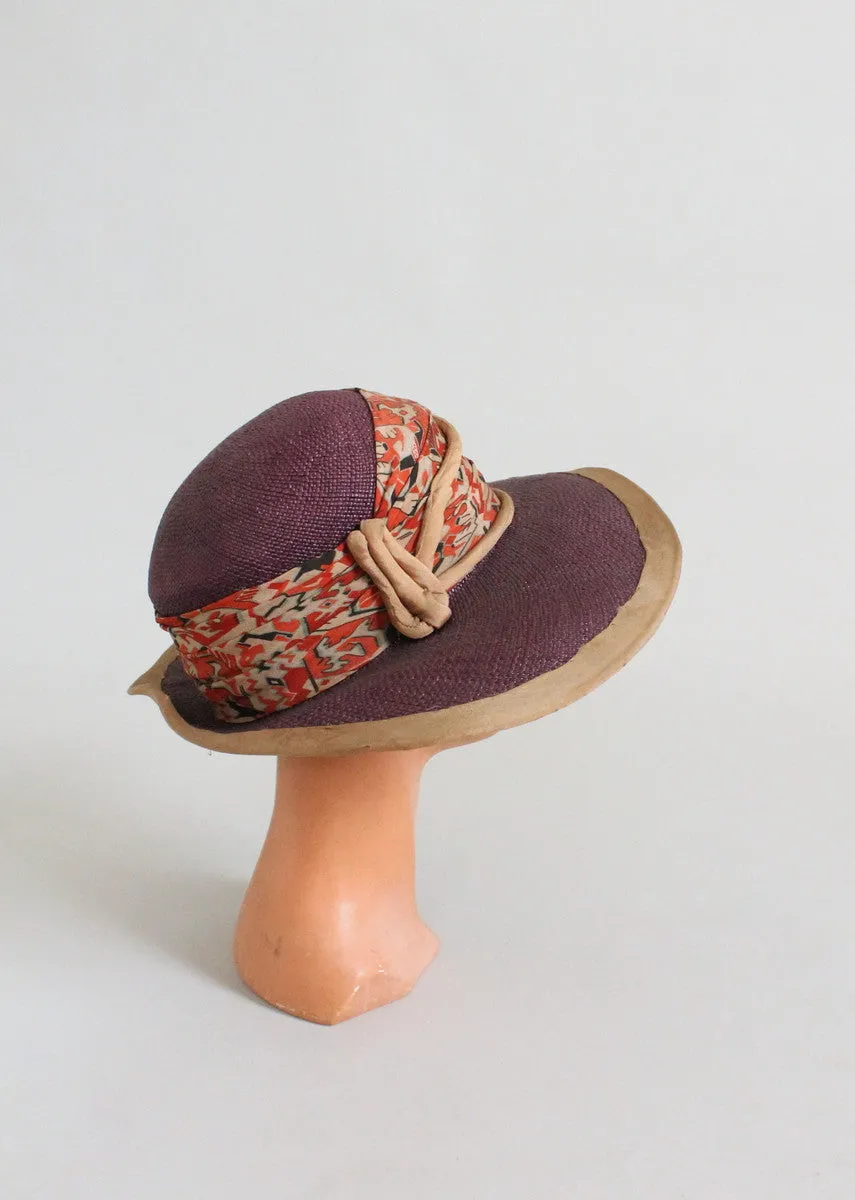 Vintage 1920s Purple Straw Wide Brim Cloche Hat