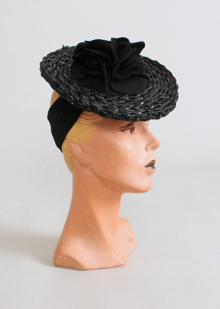 Vintage 1930 Black Flowers Straw Tilt Hat