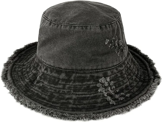 Wide Brim Frayed Bucket Hat