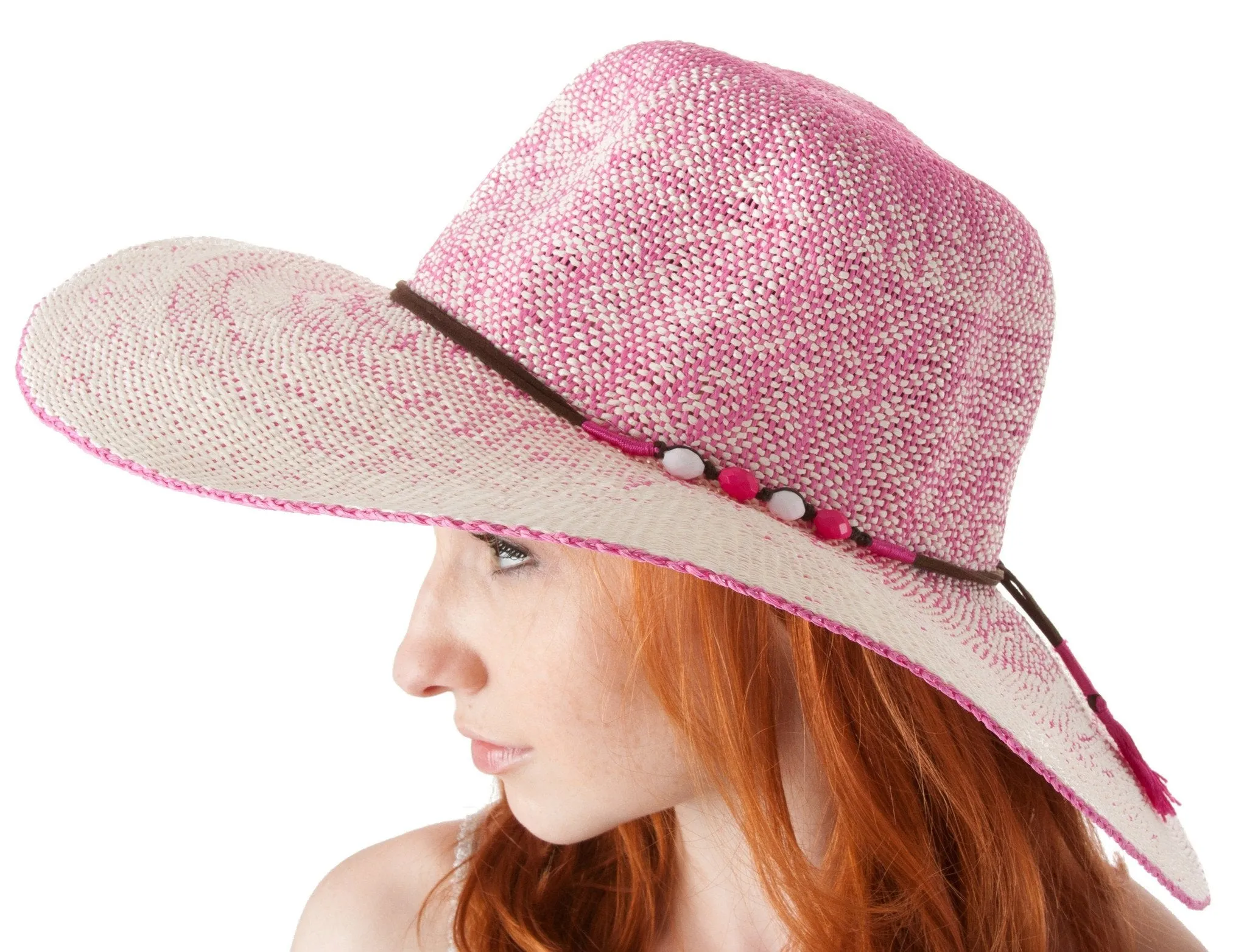 Womens UPF 50  100% 2-Tone Paper Straw Beaded Accent Wide Brim Floppy Hat