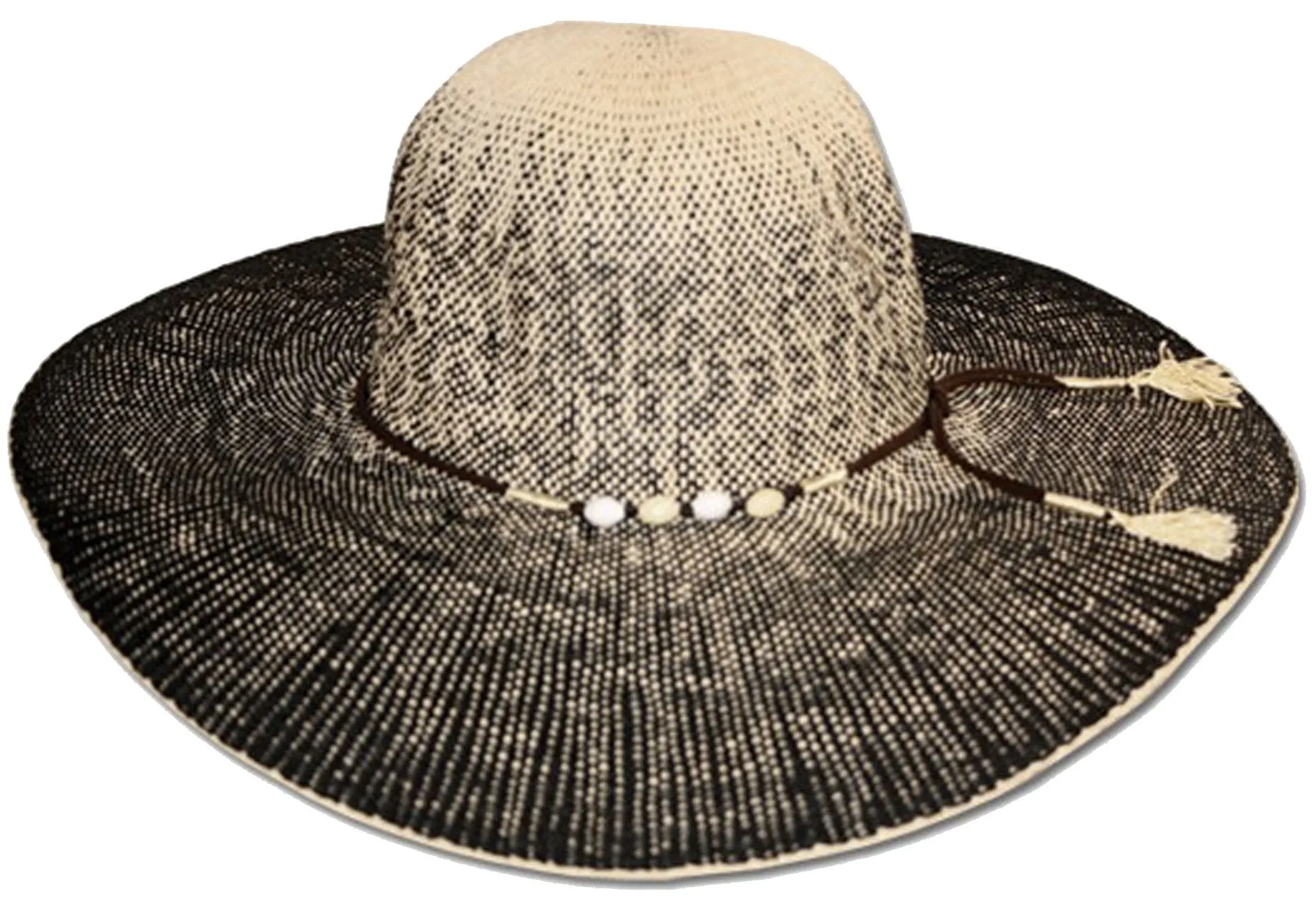 Womens UPF 50  100% 2-Tone Paper Straw Beaded Accent Wide Brim Floppy Hat